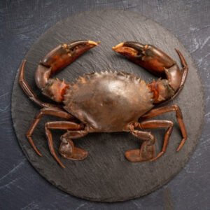 Whole cooked crab placed on a round slate board, showing its brown shell and extended claws