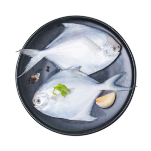 Two fresh pomfret fish placed on a black plate with garlic, pepper, and a small herb garnish on a white background