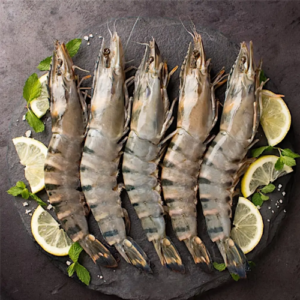 Fresh large prawns arranged on a black plate with lemon slices and herbs, set outdoors with tree trunks in the background