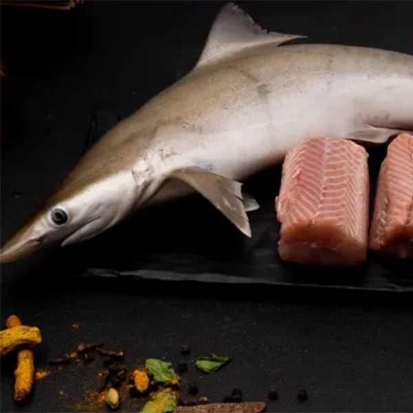 Whole raw fish and cut fish fillets placed on a black surface with scattered spices and herbs baby shark