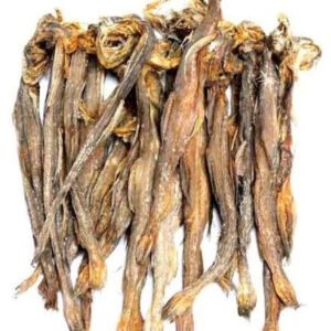 Bundle of dried fish tied together, showing long, brown, dehydrated bodies on a plain background