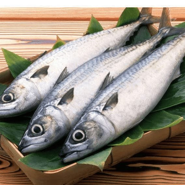 surmai 2 Three fresh whole fish placed on green leaves in a wooden tray, displayed on a wooden surface